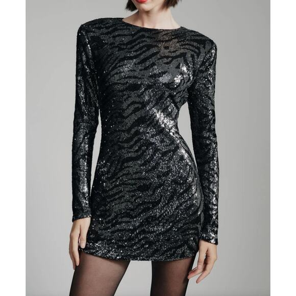 Bardot Alessia Sequin Tiger Stripe Mini Dress | Sz 12, Black Silver NWT $179 - Picture 2 of 5